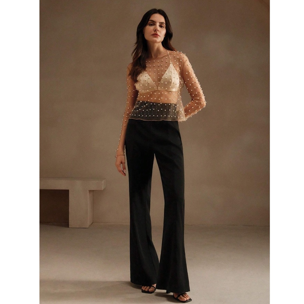 Beaded Tan Sheer Mesh Long Sleeve Shirt with Faux Pearls and Sparkles - Picture 8 of 10